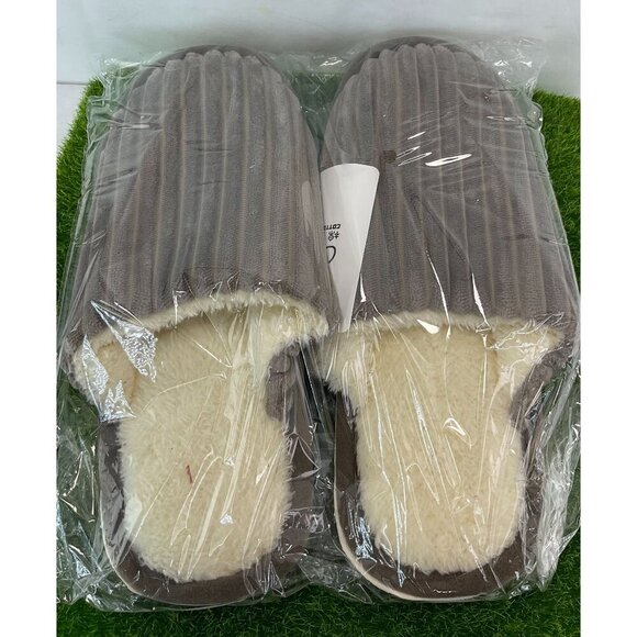 New Mens Size 42-43 Gray Ribbed Plush Slippers With Faux Fur Lining & Non-Slip S - Picture 6 of 8